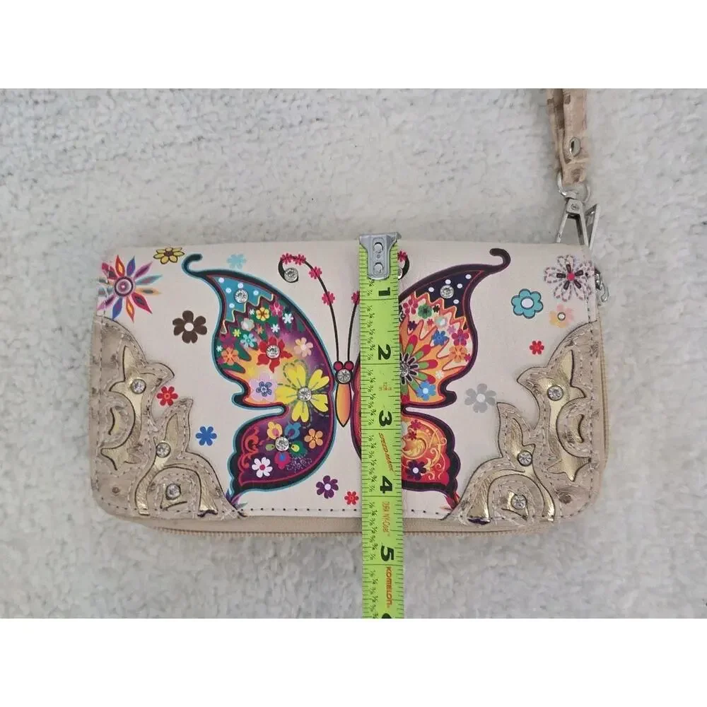 Colorful Embellished Butterfly Floral Design Wristlet Wallet Clutch Purse Tan